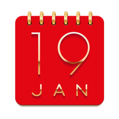 19 day of the month. January. Luxury calendar daily icon. Date day week Sunday, Monday, Tuesday, Wednesday, Thursday, Friday, Saturday. Gold text. Red paper. Vector illustration.