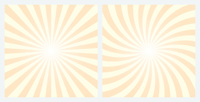 Soft yellow sunburst background set. Retro style Blanched almond brown gray color radial and spiral sunbeam rays background, pattern, wallpaper. Vector Illustrations.