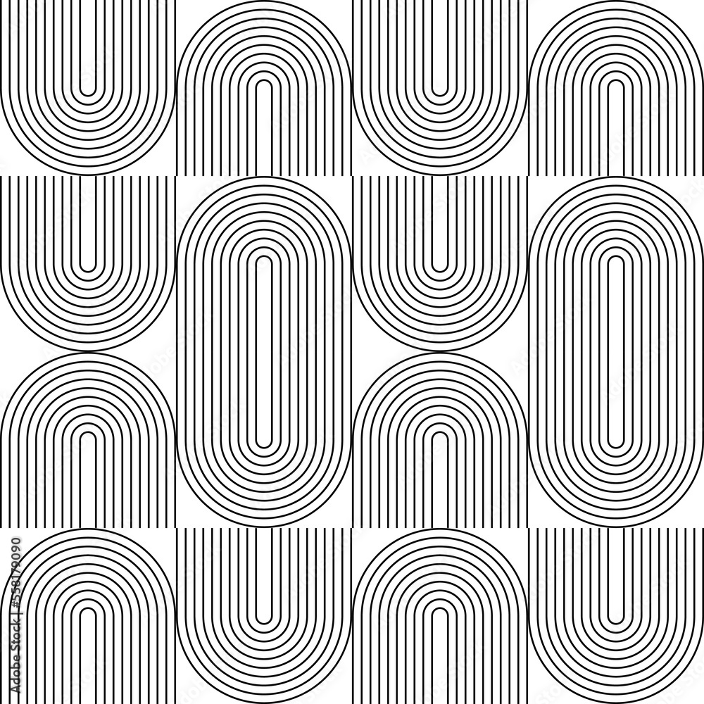 Poster Modern vector abstract seamless geometric pattern with semicircles and circles in retro  style. Black u shapes on white background. Minimalist  illustration in Bauhaus style with simple shapes.