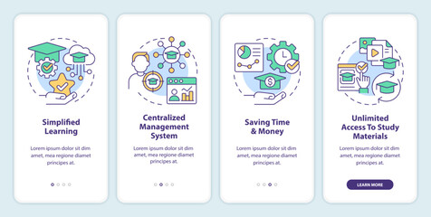 Learning management system benefits onboarding mobile app screen. Walkthrough 4 steps editable graphic instructions with linear concepts. UI, UX, GUI template. Myriad Pro-Bold, Regular fonts used