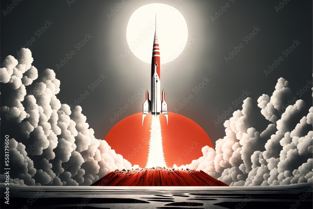 Poster a red and white rocket taking off from a red and white island in the middle of the ocean with clouds