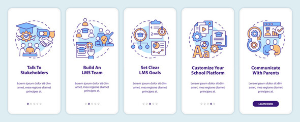 Launching school LMS onboarding mobile app screen. Walkthrough 5 steps editable graphic instructions with linear concepts. UI, UX, GUI template. Myriad Pro-Bold, Regular fonts used