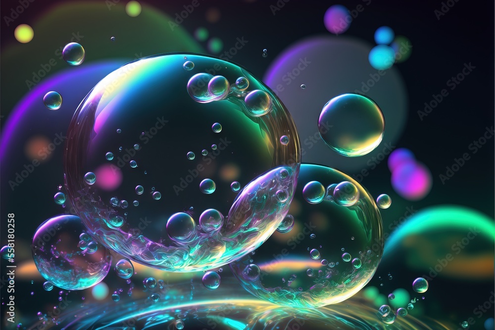 Aufkleber a bunch of bubbles floating in the air with a black background and a blue sky in the background with