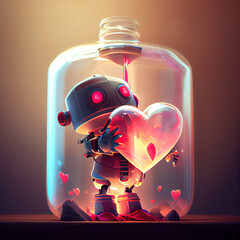Generative AI: illustration of one robot in a glass bottle with red hearts