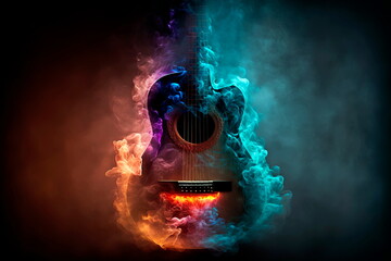 Music concept. Acoustic guitar smoke epic rock guitar. Generative AI - obrazy, fototapety, plakaty