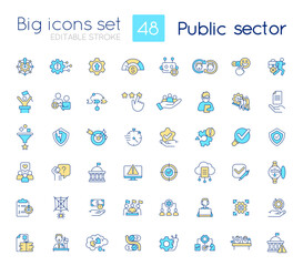 Public sector RGB color icons set. Services and enterprises. Government digital transformation. Isolated vector illustrations. Simple filled line drawings collection. Editable stroke