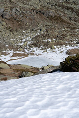 mountain frozen lake in the alps, snow around the lake and rocky background