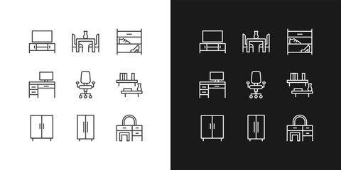 Contemporary furniture for apartment pixel perfect linear icons set for dark, light mode. Living room and office space. Thin line symbols for night, day theme. Isolated illustrations. Editable stroke