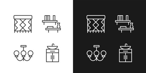 Home decor and furniture pixel perfect linear icons set for dark, light mode. Ceiling light. Floating shelf. Rug pad. Thin line symbols for night, day theme. Isolated illustrations. Editable stroke