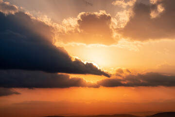 Dramatic Colorful Sunrise Sky over Mediterranean Sea. Abstract Red Sky. Cloudscape Nature Background.