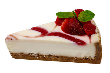 Yummy delicious moist classic piece of cheesecake with fresh strawberries and mint leaves