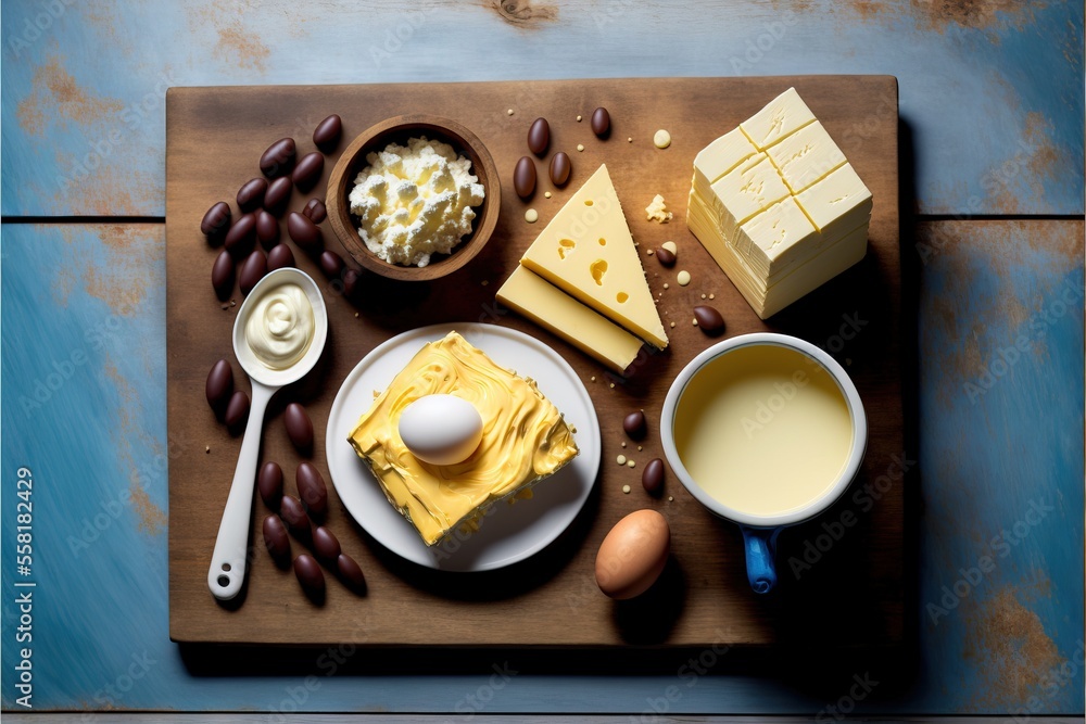 Aufkleber a wooden cutting board topped with different types of cheese and eggs next to a cup of coffee and a 