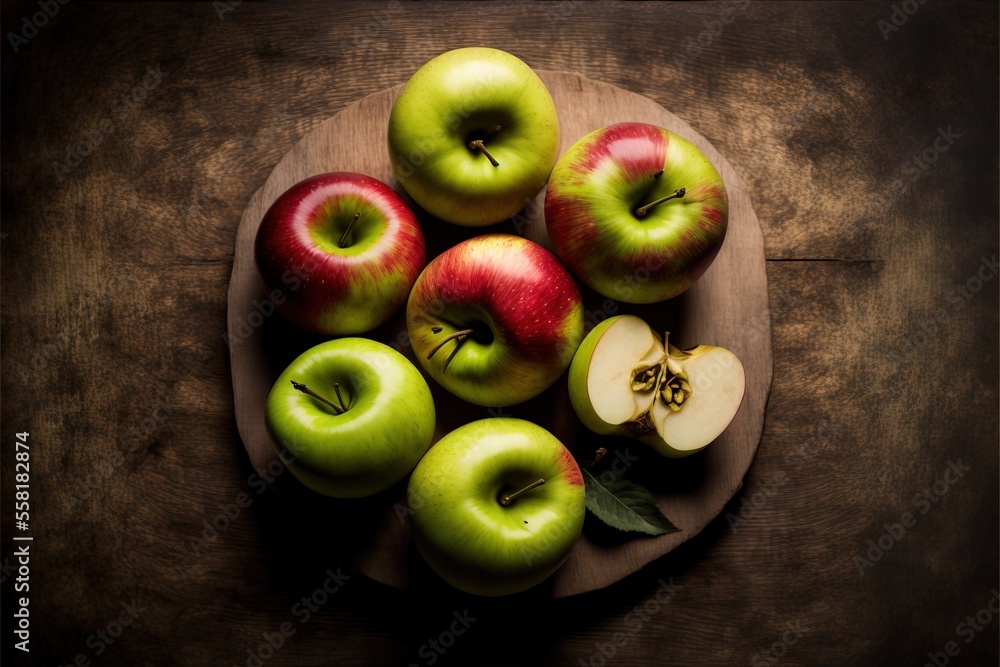 Poster a wooden bowl filled with green and red apples on top of a wooden table with leaves and a slice of a