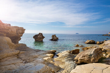 Fototapeta na wymiar View of rocks, bays, clear sea - natural background, Spain, Costa Blanca