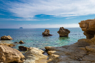 View of rocks, bays, clear sea - natural background, Spain, Costa Blanca