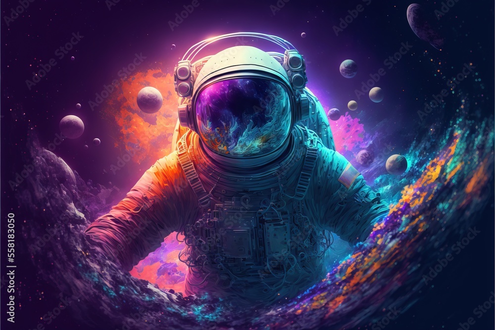 Poster a man in a space suit standing in a space with planets around him and a bright purple and blue backg