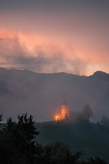 church in the sunset mist