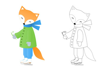 Coloring book. Fox with a snowdrop.