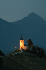 church on the hill in the evening