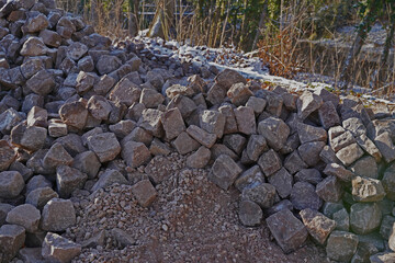 Piles of stones on a construction site in winter in Halle an der Saale