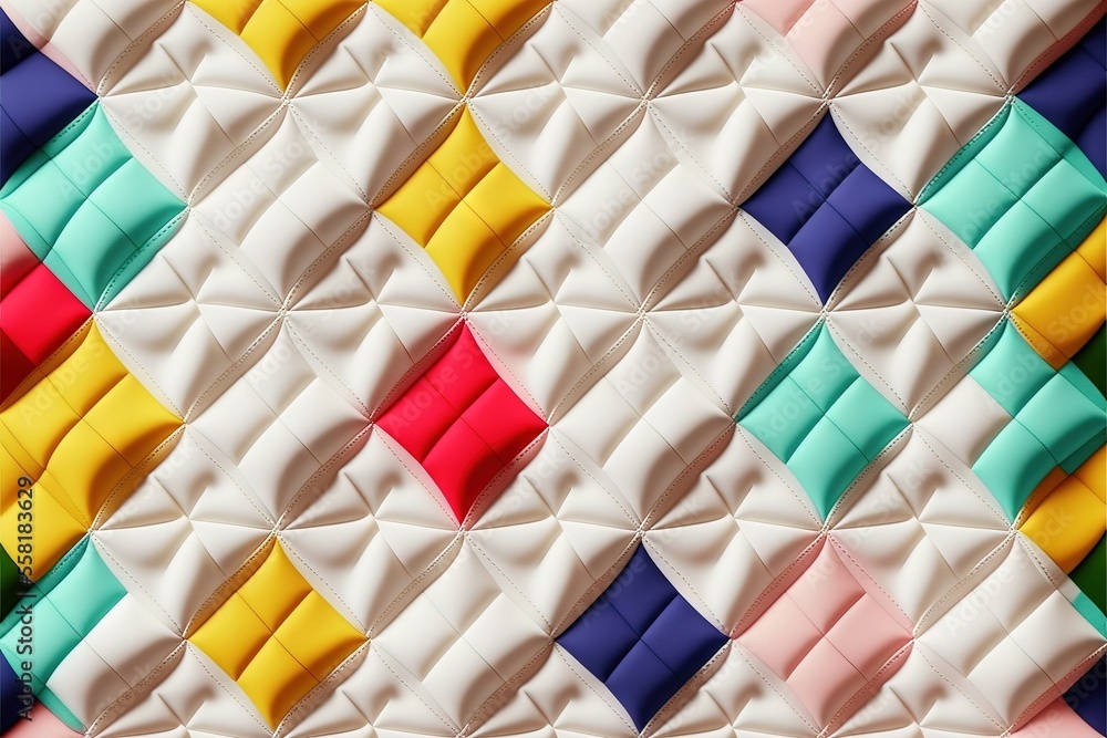 Poster a colorful quilt with a diamond pattern on the back of it and a red, yellow, green, blue, pink, and 