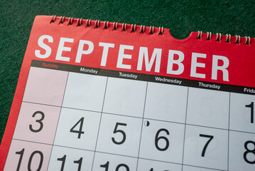 Calendar 2023, September, monthly planner for wall and desk. Close up of month and fist few days.
