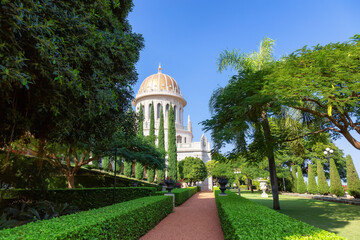 Bahai Gardens in Haifa, Israel. Cloudy Blue Sky. Tourist Attraction.