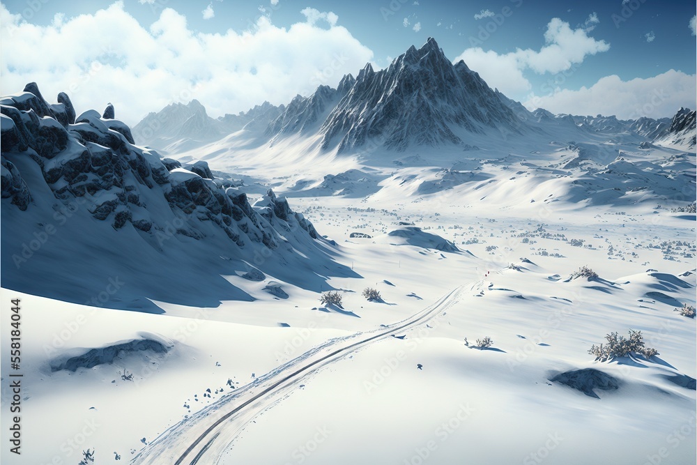 Poster a snowy mountain landscape with a road going through the middle of the mountain and a sky with white