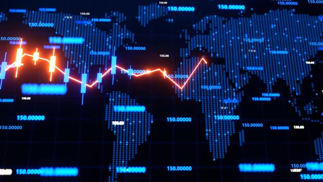 Neon line of financial graphs charts, stock market prices, business strategy against of world map. International trading, Digital marketing. 4K