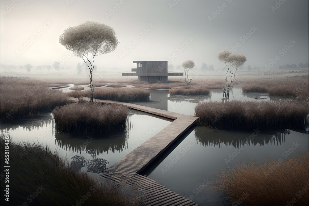 Poster a painting of a dock in a marsh with a bench in the distance and a foggy sky in the background with 