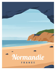 Travel poster with beach, and stone arch in Normandie, France Europe. Landscape Vector illustration with colored style for poster, postcard, card, art, print. - obrazy, fototapety, plakaty