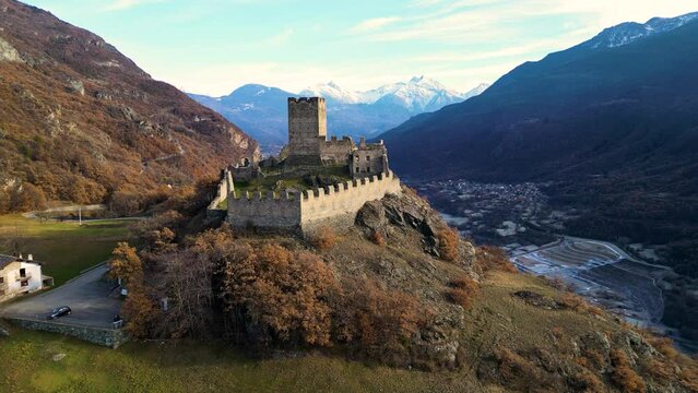 Forward tracking shot with drone of the castle of Cly Saint Denis Aosta Valley