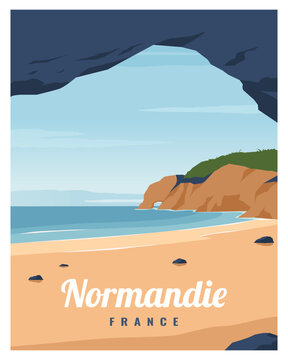 Travel poster with beach, and stone arch in Normandie, France Europe. Landscape Vector illustration with colored style for poster, postcard, card, art, print.