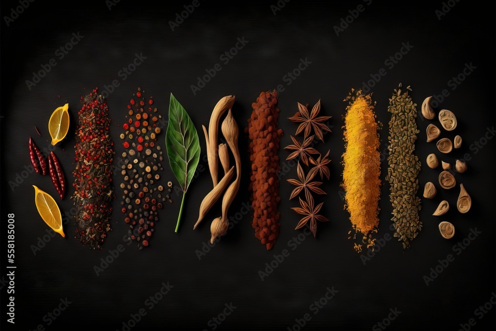 Poster a group of spices and herbs arranged in a row on a black background with a black background behind it and a black background with a white border with a black border and white border at the bottom.