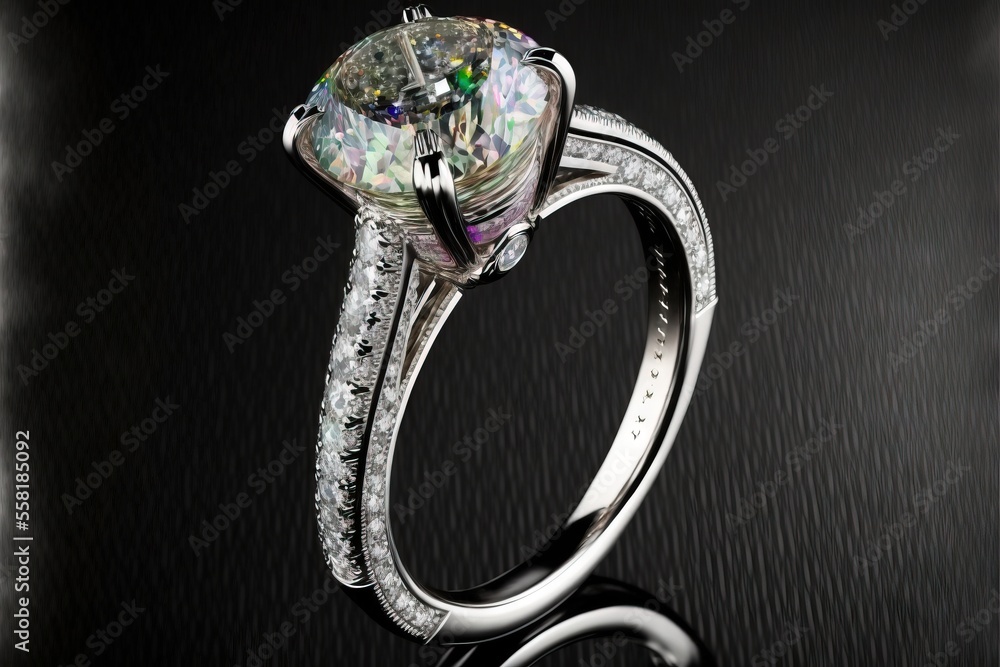 Poster a fancy ring with a large diamond in the middle of it's band and a diamond in the middle of the band