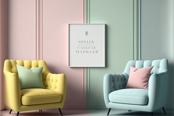 One poster frame mockup in a minimal pastel living room. Generative AI