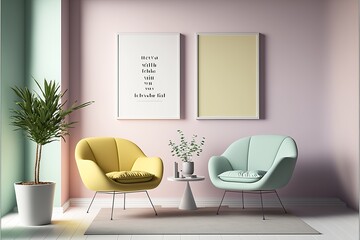 Two poster frames mockup in a minimal pastel living room. Generative AI