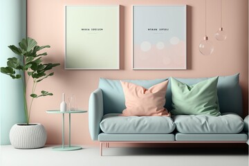 Two poster frames mockup in a minimal pastel living room. Generative AI