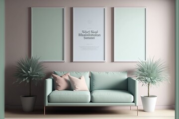 Three poster frames mockup in a minimal pastel living room. Generative AI