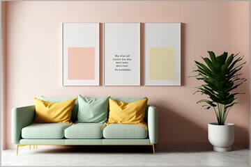 Three poster frames mockup in a minimal pastel living room. Generative AI