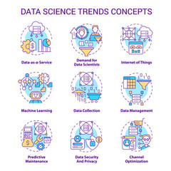 Data science trends concept icons set. Technology development analytics idea thin line color illustrations. Isolated symbols. Editable stroke. Roboto-Medium, Myriad Pro-Bold fonts used