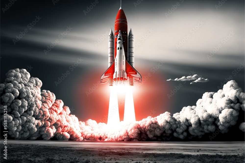 Poster a red and white rocket taking off into the sky with smoke coming out of it's sides and clouds surrou