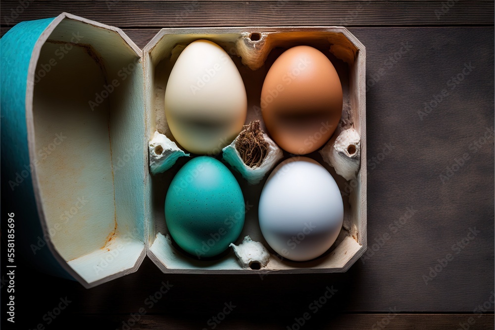 Poster an open box of eggs on a wooden table with one egg in the middle of the box and one in the middle of