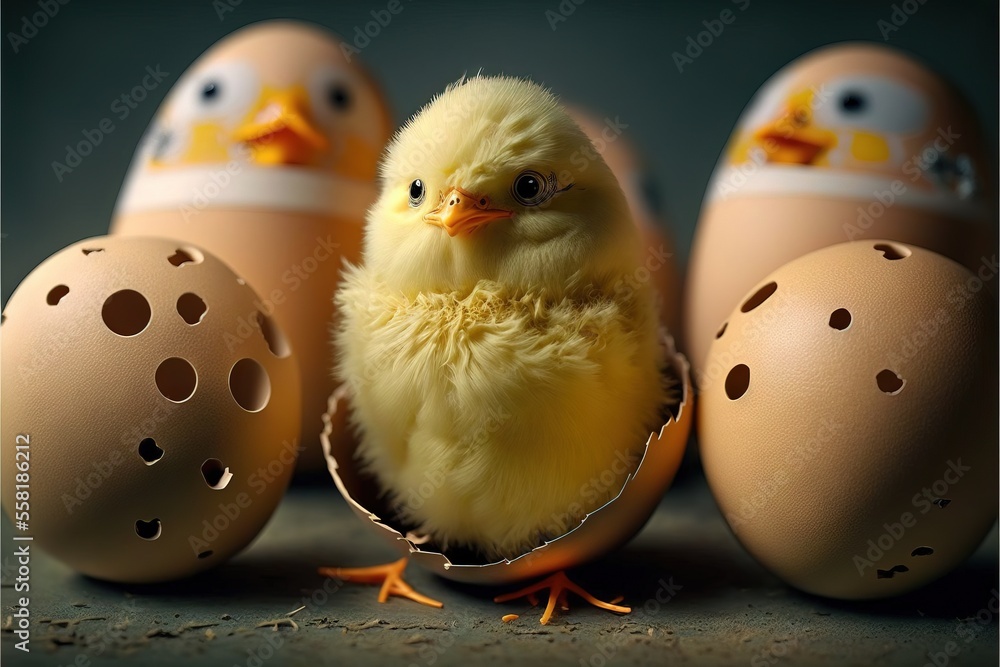 Poster a small yellow chicken sitting between two eggs with holes in it's shell and a few smaller eggs in t