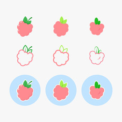 Set of pink raspberry and green leaf vector illustrations