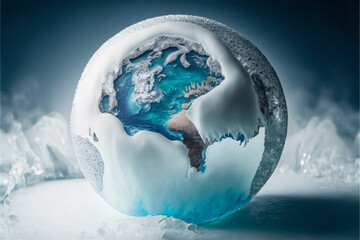 frozen planet, beautiful planet earth made of flowers and sprouting plants, save the planet, planet day, cold, winter, frozen, ice, generative ai