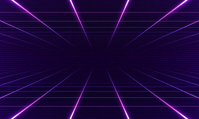Fototapeta Synthwave wireframe net illustration. Abstract digital background. 80s, 90s Retro futurism, Retro wave cyber grid. Top and bottom surfaces. Neon lights glowing. Starry background. 3D Rendering obraz