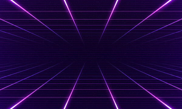 Synthwave wireframe net illustration. Abstract digital background. 80s, 90s Retro futurism, Retro wave cyber grid. Top and bottom surfaces. Neon lights glowing. Starry background. 3D Rendering