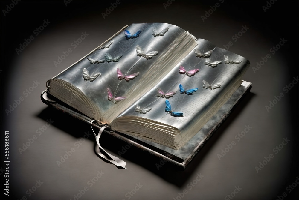 Poster an open book with butterflies on it on a black surface with a white ribbon around the book's edge an