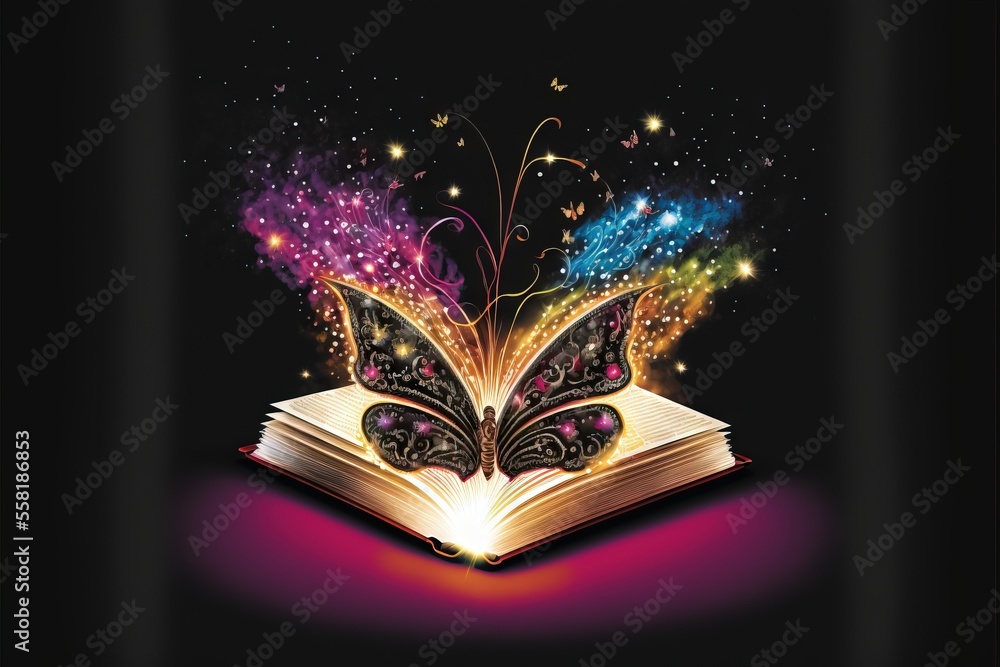 Poster an open book with a butterfly flying out of it on a black background with stars and swirls in the pa